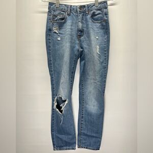 RSQ Womens Mom Jean Blue Wash Distressed Straight Jeans 3/W26